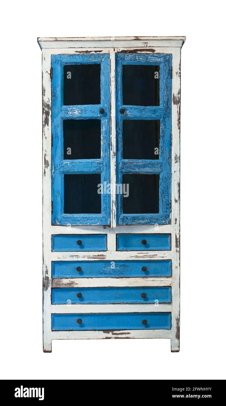 Front view of old painted wooden cupboard isolated on white Stock Photo