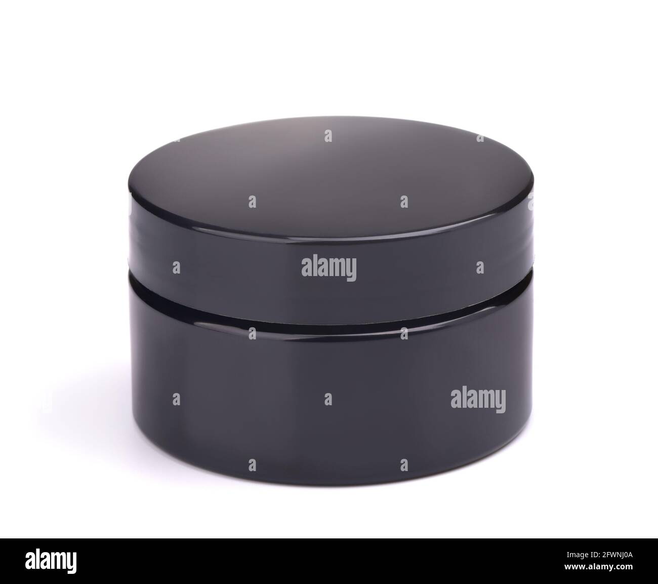 Black plastic cosmetic jar isolated on white Stock Photo