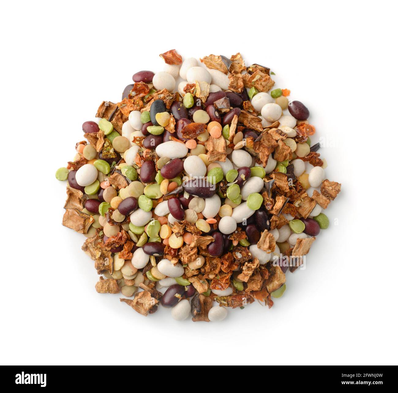 Top view of dry beans and vegetables soup mix isolated Stock Photo