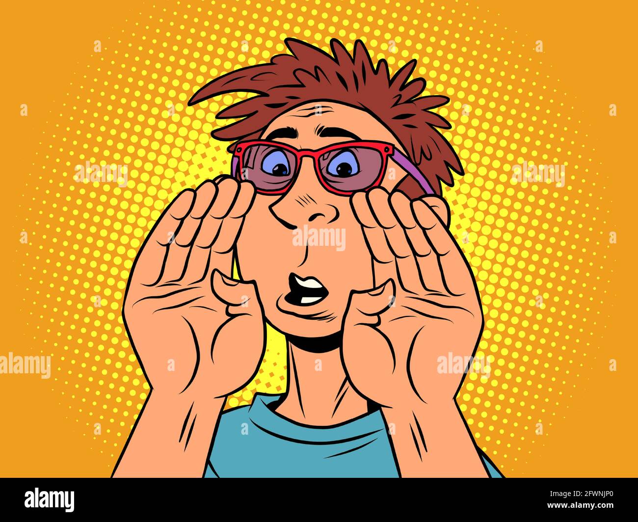 a sad man calls shouts. A young man with his hands made up into a megaphone Stock Vector
