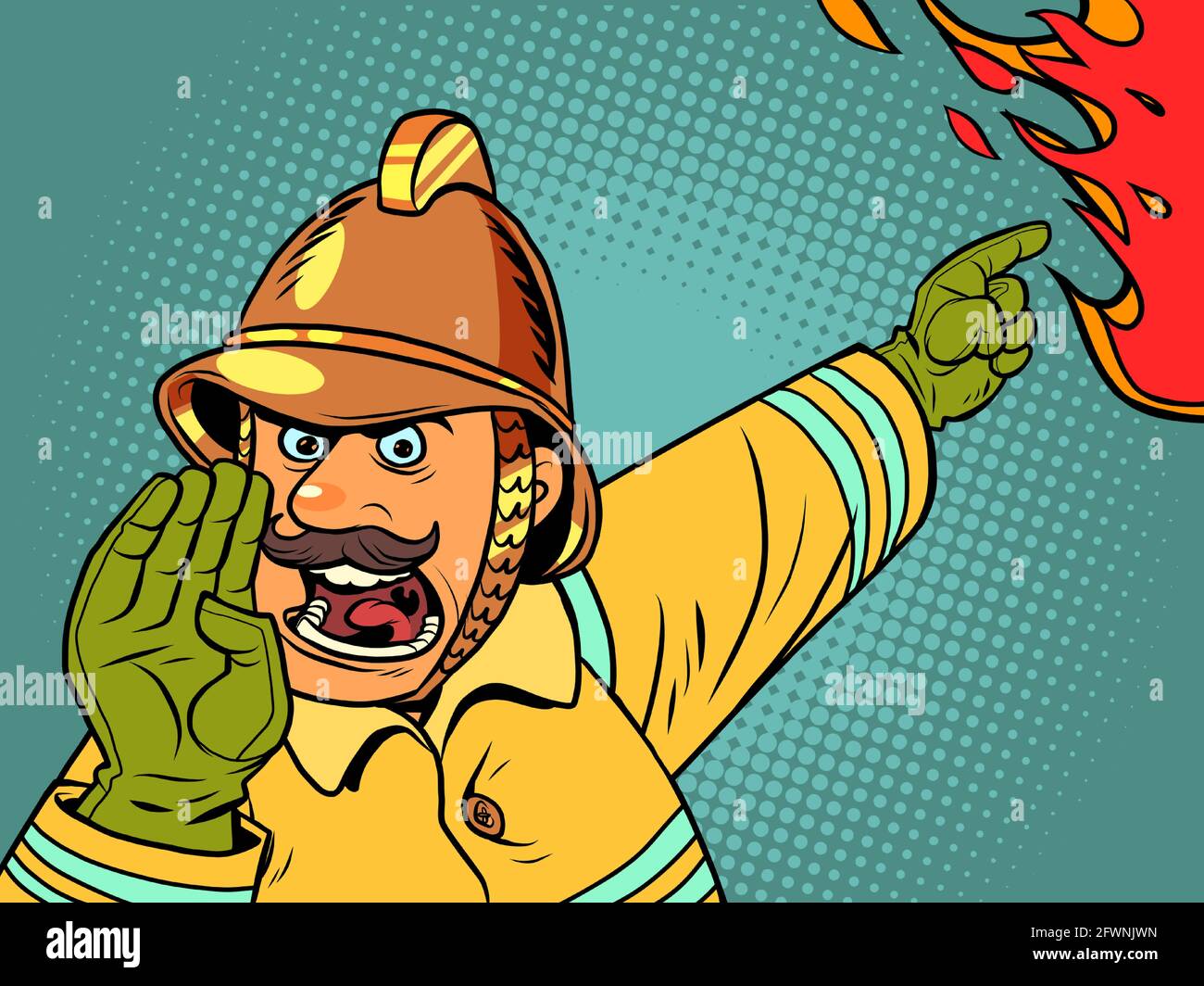 Retro fireman yells about a fire. Danger and rescuers Stock Vector