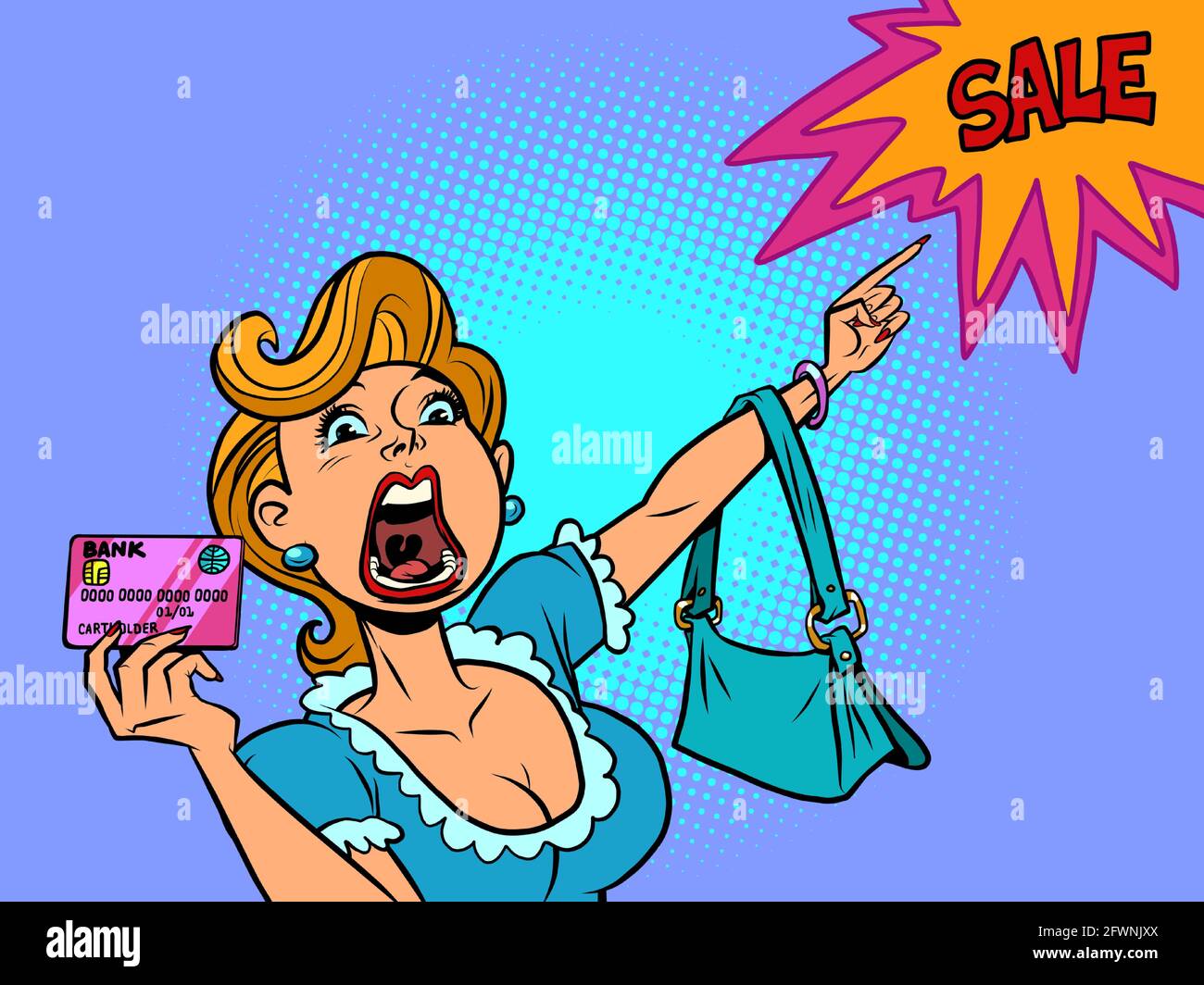 A woman with a credit card shouts discount sale. The buyer points with his hand Stock Vector
