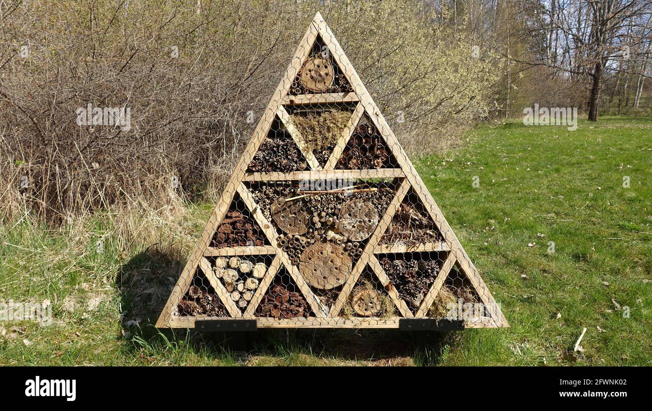 Insect hotel. Wooden structure filled with natural material ready to ...