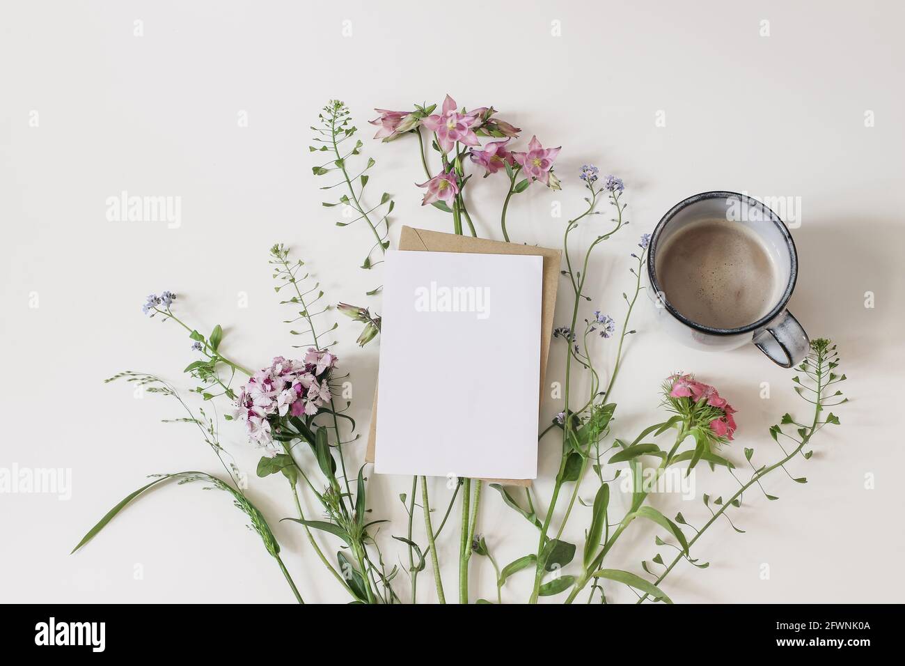 Summer greeting card, invitation mockup. Garden and wild meadow flowers. Floral banner and cup of coffee. Shepherd's purse, dianthus and aquilegia Stock Photo