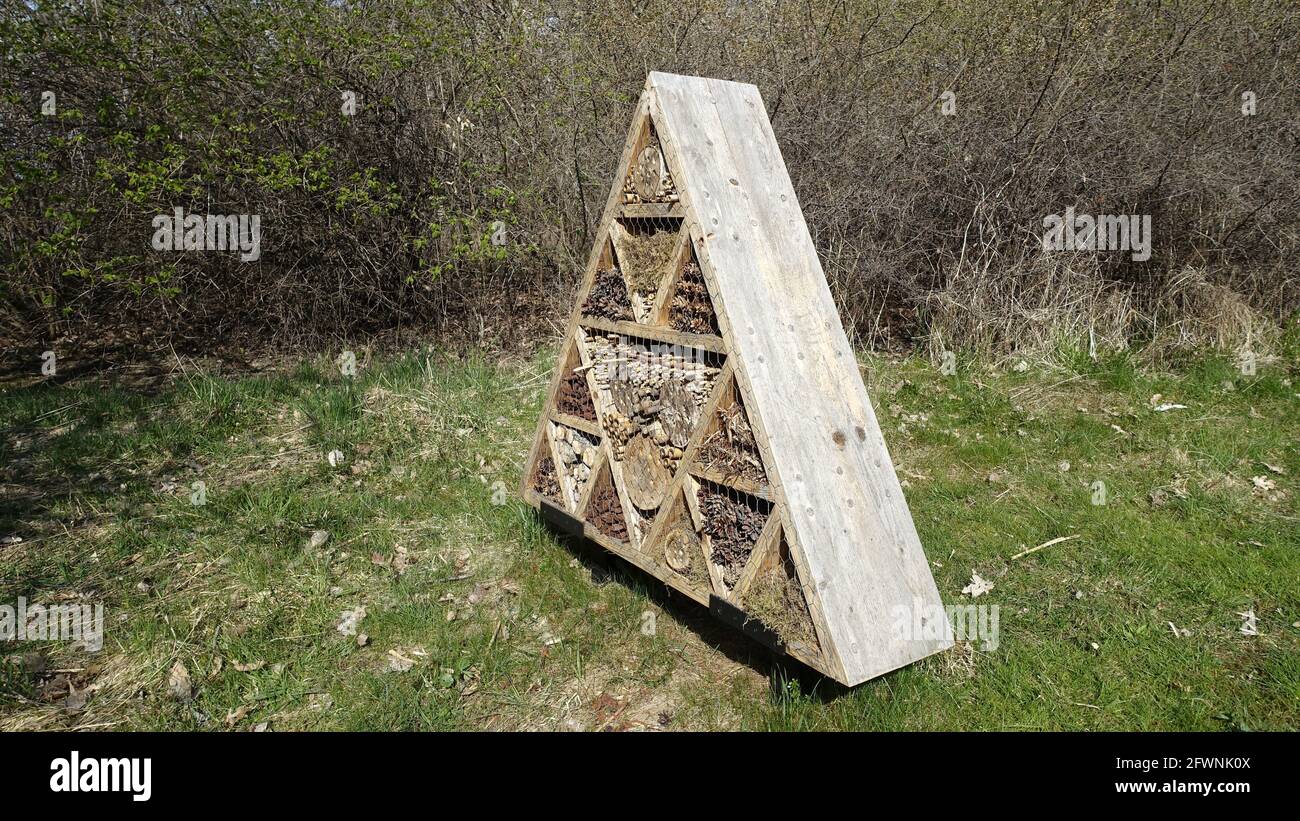 Insect hotel. Wooden structure filled with natural material ready to ...