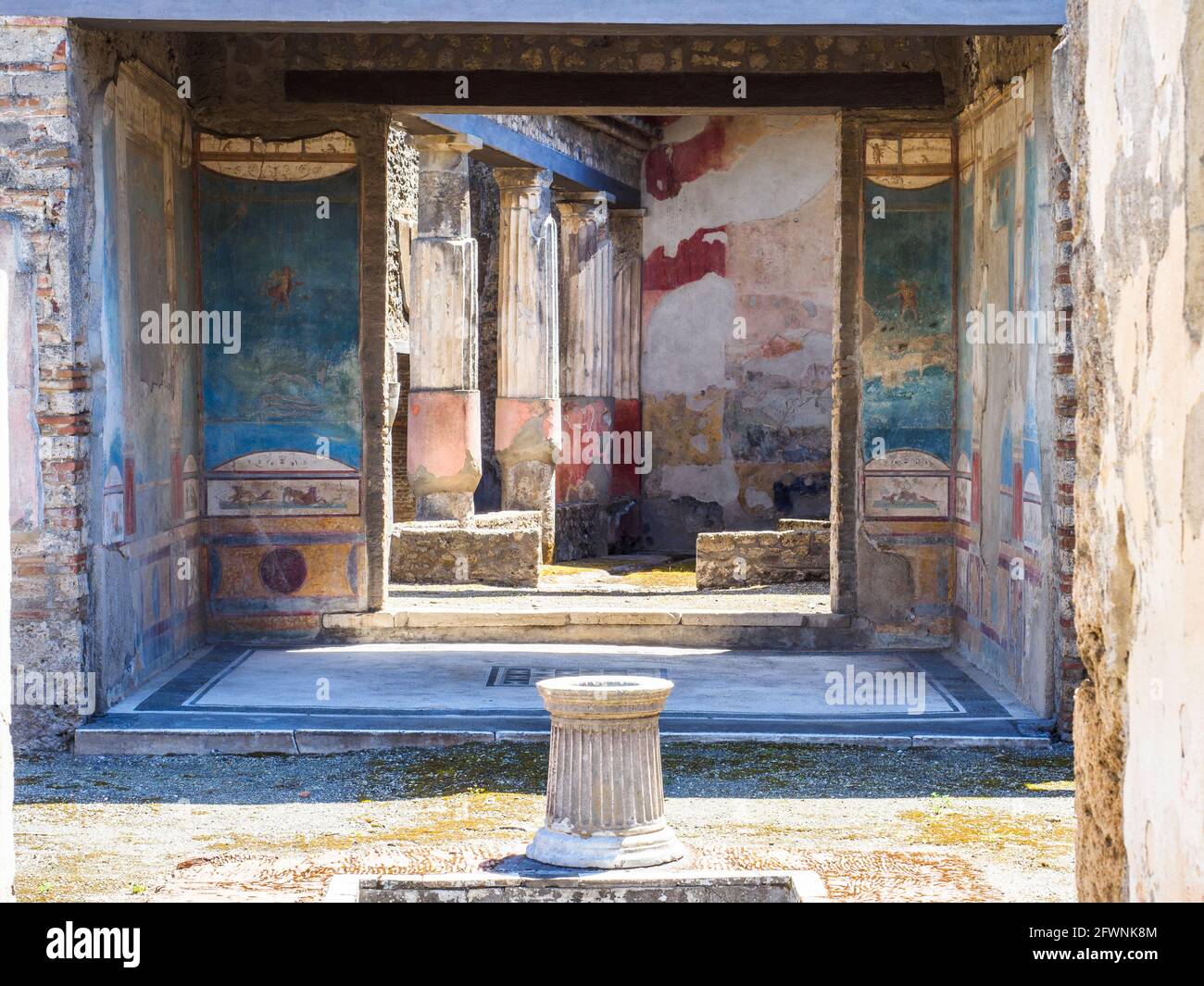 House of the Ancient Hunt (Casa della Caccia Antica) - Pompeii archaeological site, Italy The house, dating back to the 2nd century BC, fully represents the typical layout of a Roman house with an entrance, atrium and tablinum all on a single axis. Stock Photo
