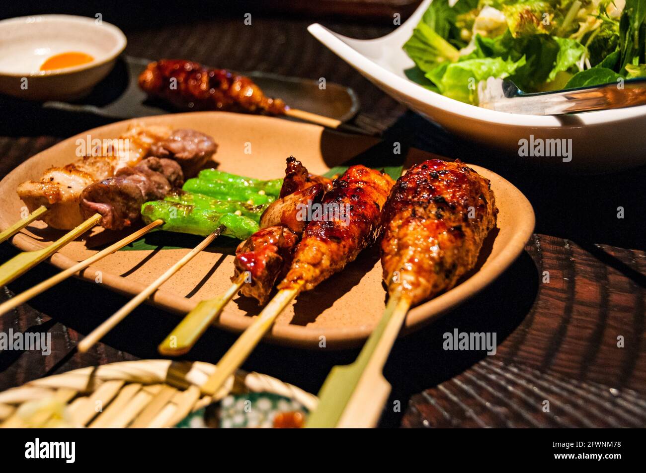A mixed plate of Japanese yakitori grilled chicken plus a salad in a Tokyo restaurant Stock