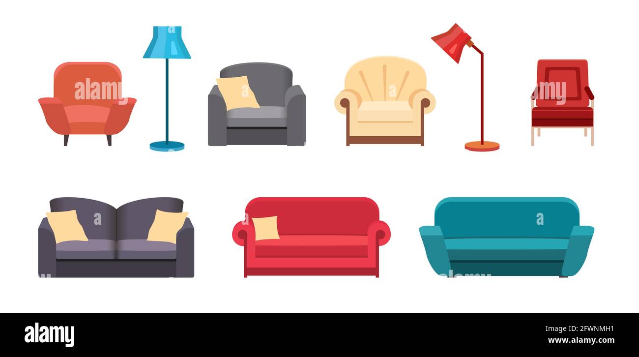Set different sofa, lamp and armchair isolated on white. Big Collection