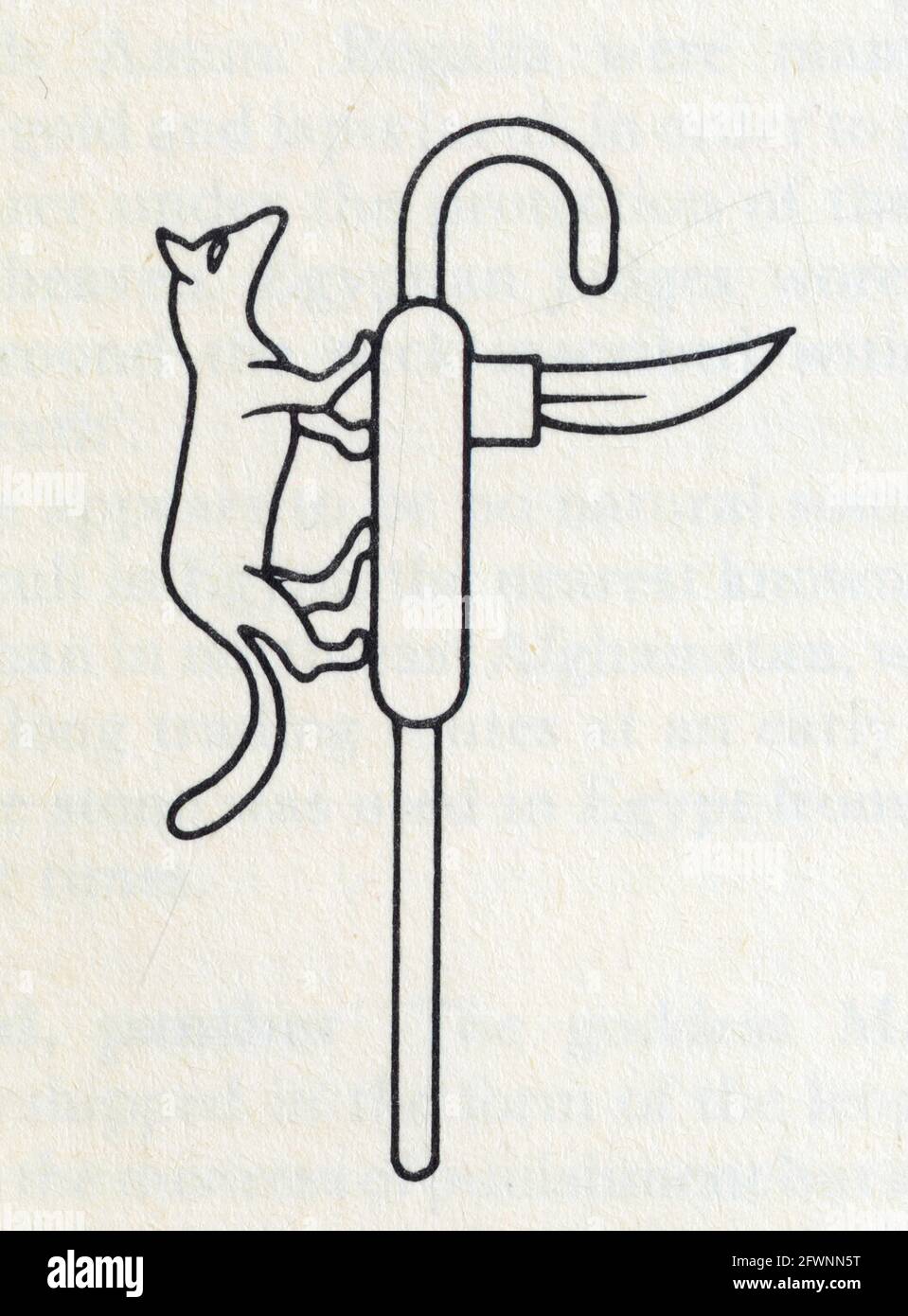 The symbol of the goddess Mafdet ,the pole,rope and blade of execution,with the goddess represented in feline form running up it Stock Photo