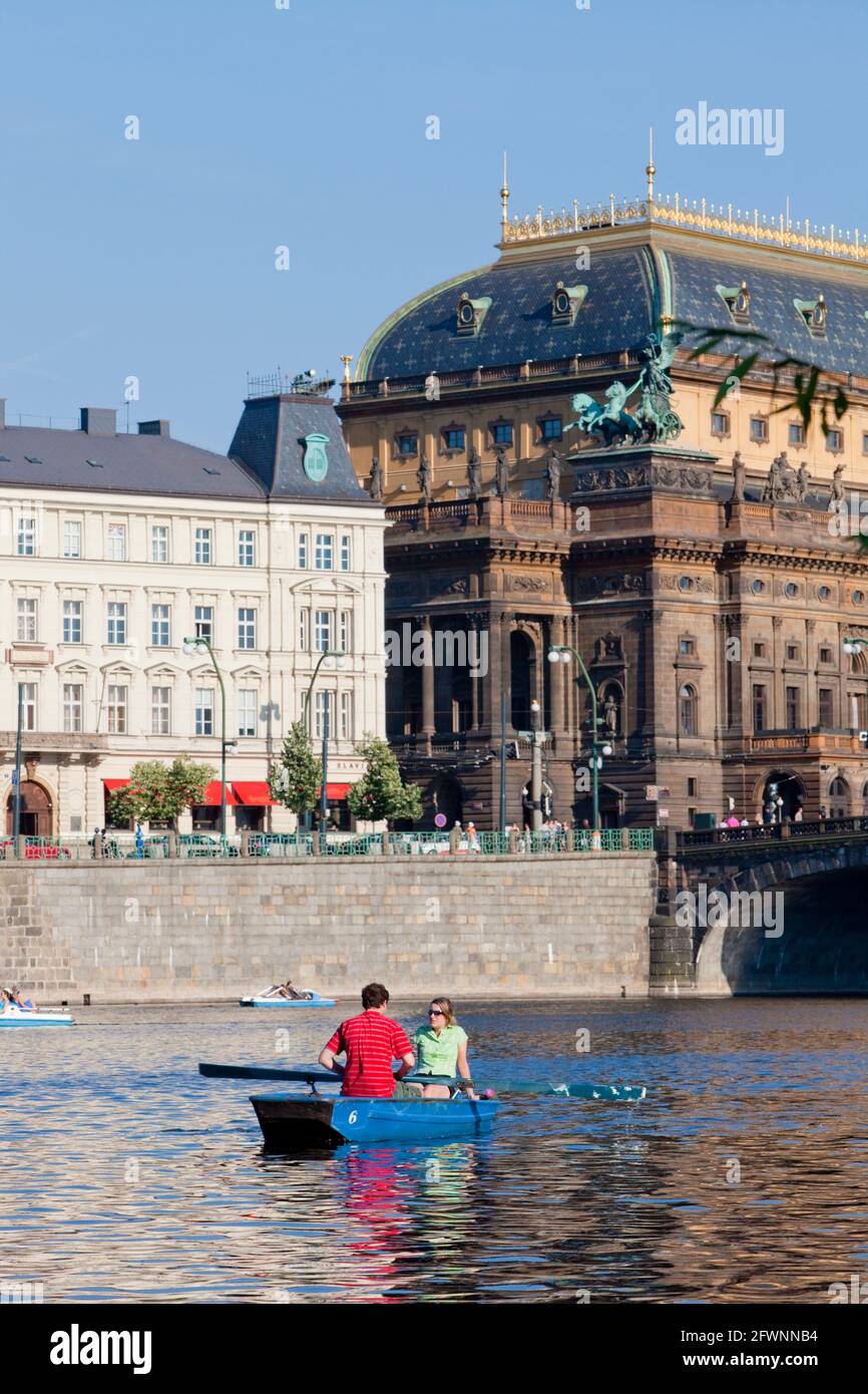 Czechia, Prague - National Theatre and leisure boats. Stock Photo