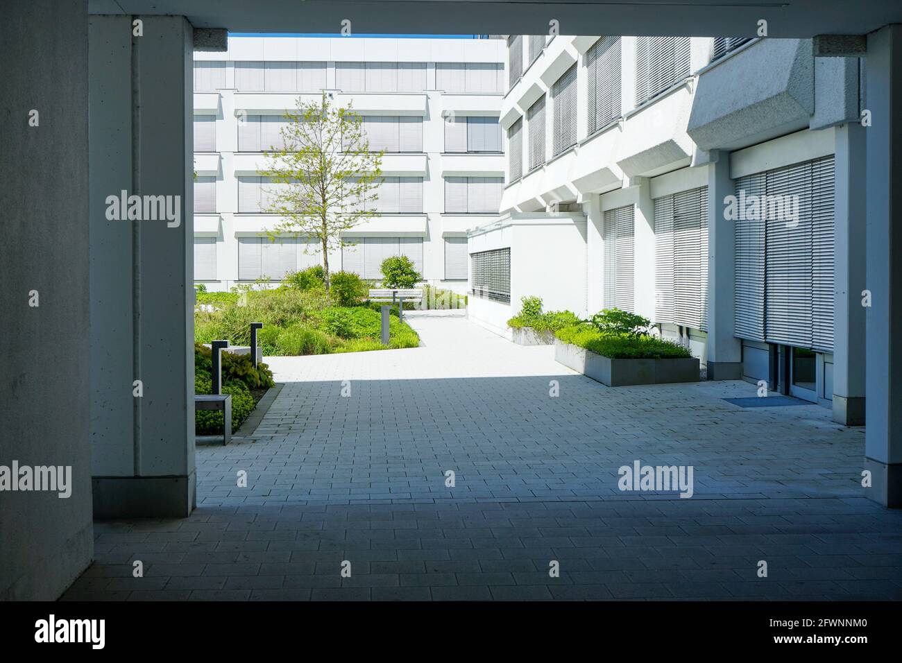 View of the beautifully landscaped inner courtyard of the 'Das Leuchtenberg' office building complex. Stock Photo