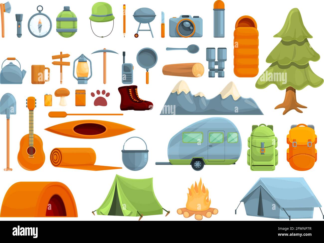 Campsite icons set. Cartoon set of campsite vector icons for web design Stock Vector