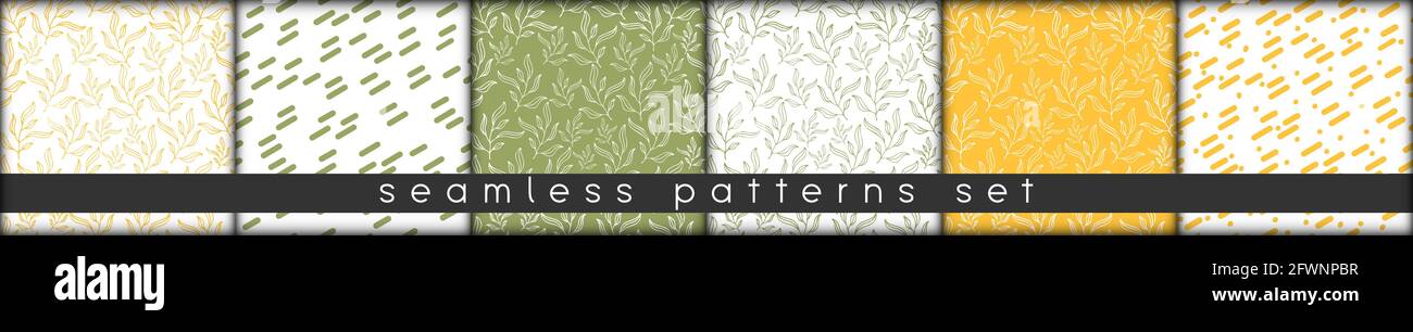 simple doodle botanic seamless patterns set. hand drawn lineart leaves elements modern eco style. paper packaging wrapping fabric textile design. Stock Vector