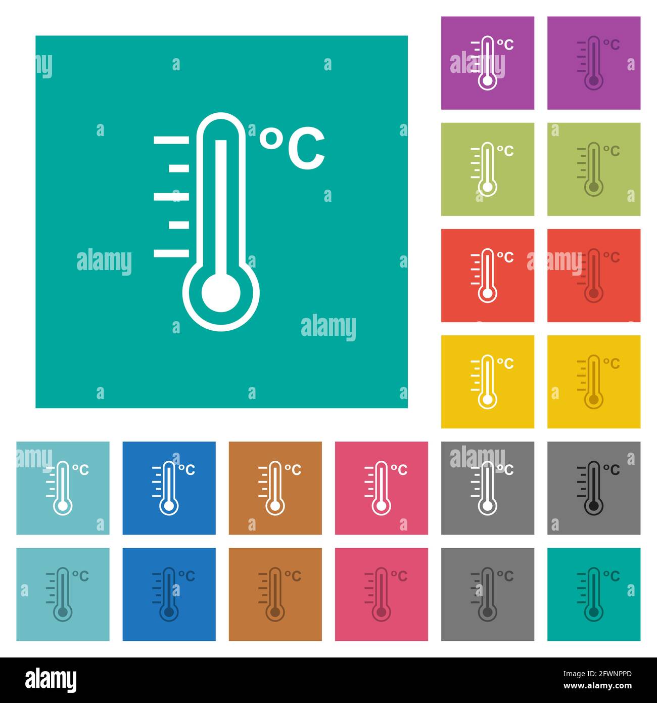 Celsius thermometer warm temperature multi colored flat icons on plain ...