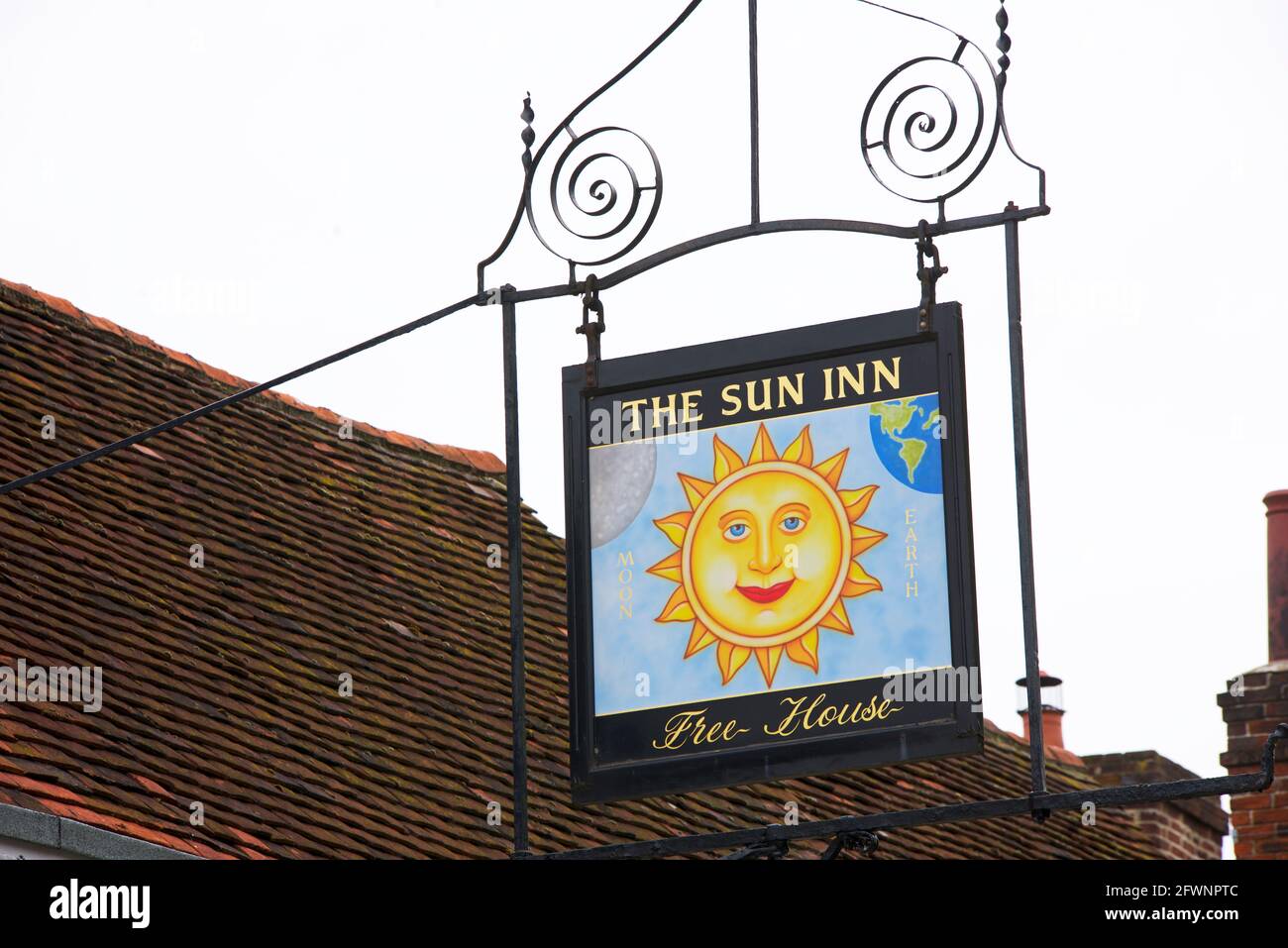Pub sign for the Sun Inn, in the village of Dedham, Essex, England UK Stock Photo