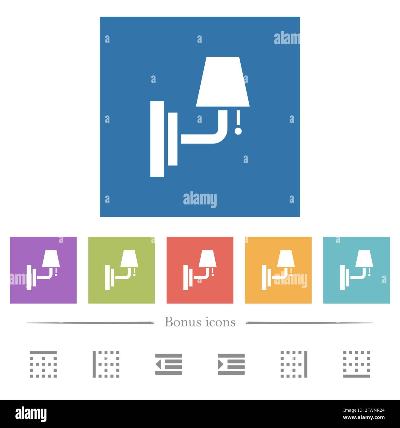 Wall lamp flat white icons in square backgrounds. 6 bonus icons ...