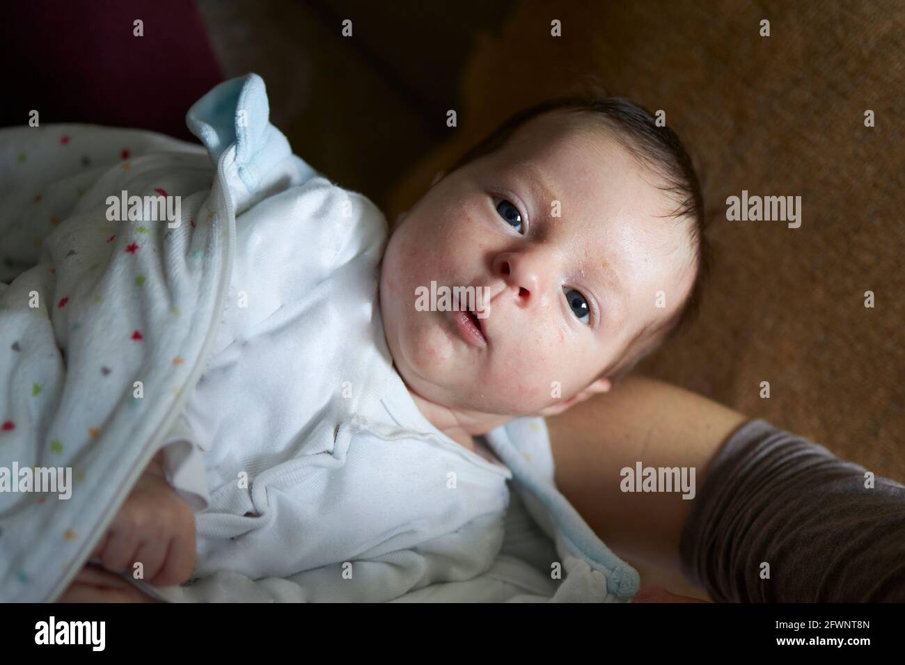 Newborn baby with a funny expression Stock Photo