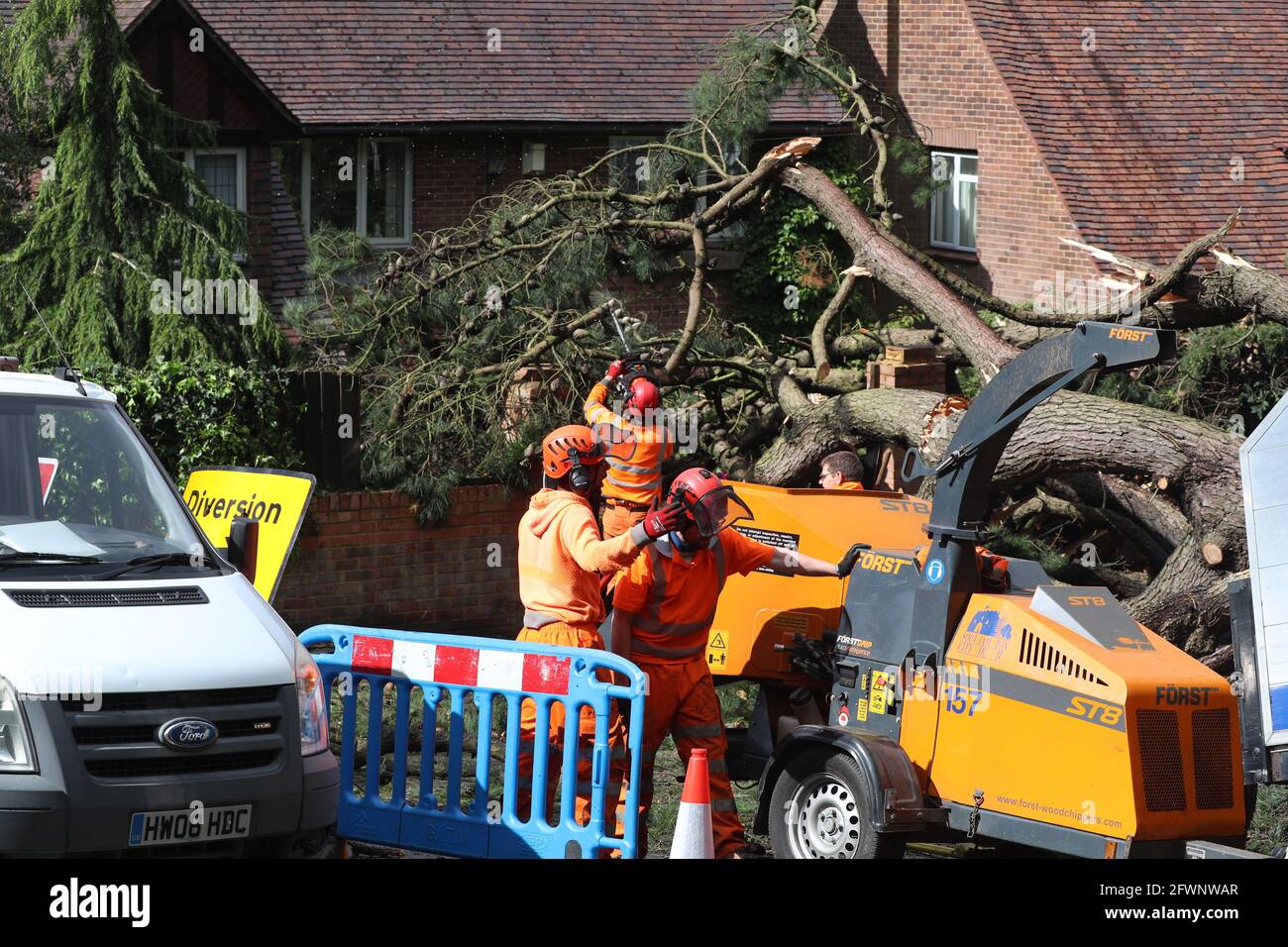 Uk Weather Southampton, Hampshire, UK. 24th May 2021. Fallen Oak tree blocking the road and damaging a property wall in Cobden Avenue at the junction with Midanbury Lane, Bitterne Park, Southampton following a night of strong winds and heavy rain. Credit Stuart Martin/Alamy Live News Stock Photo
