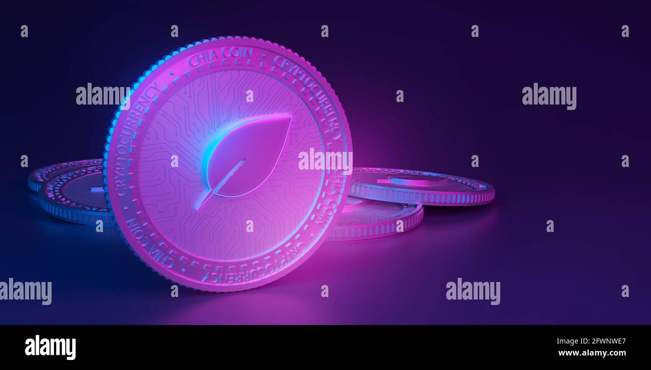 The concept of the digital Chinese currency Chia Coin. Neon coin  illustration. Mining or blockchain technology. 3D Render Stock Photo - Alamy