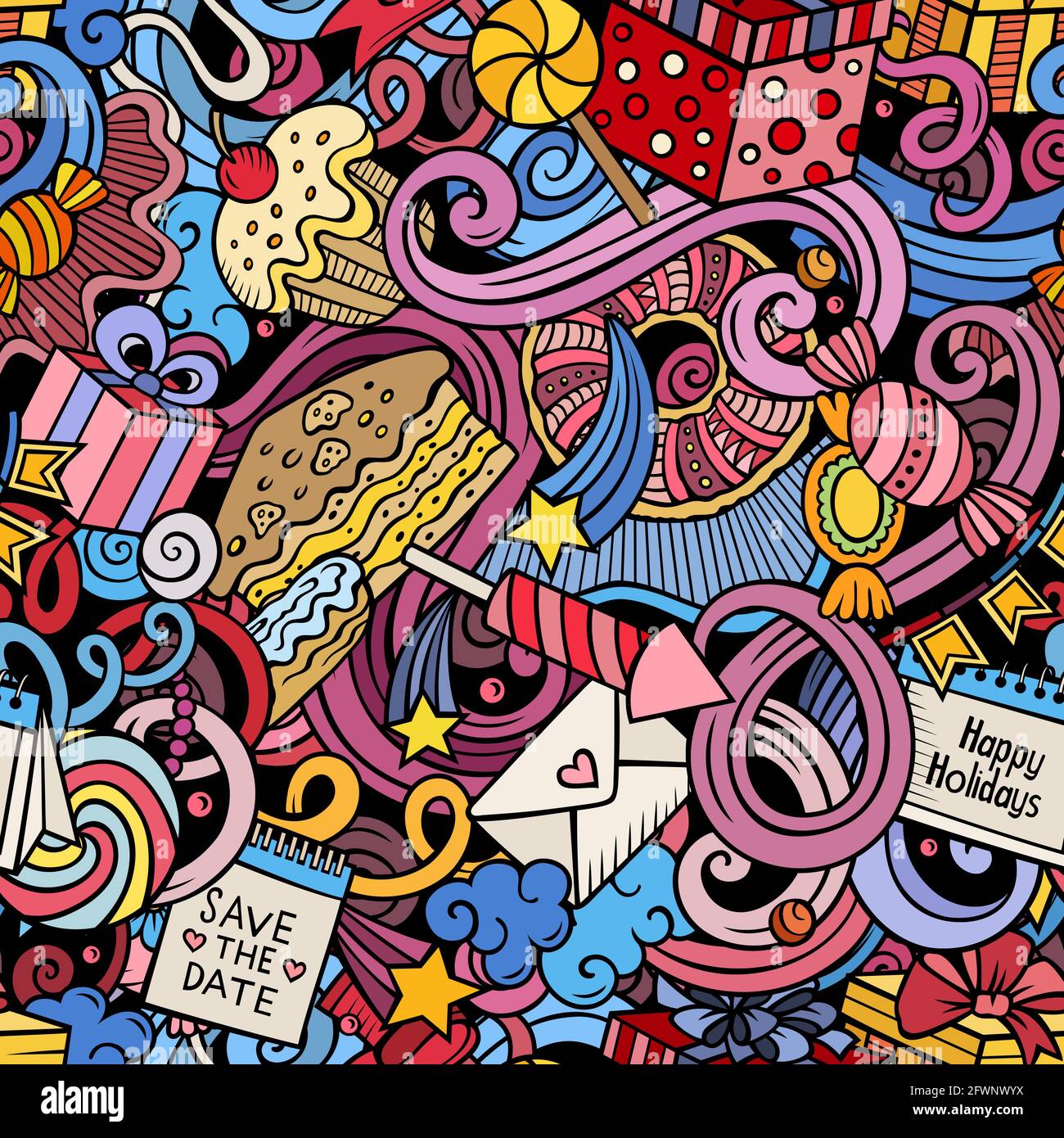 Happy Birthday hand drawn doodles seamless pattern Stock Vector Image ...