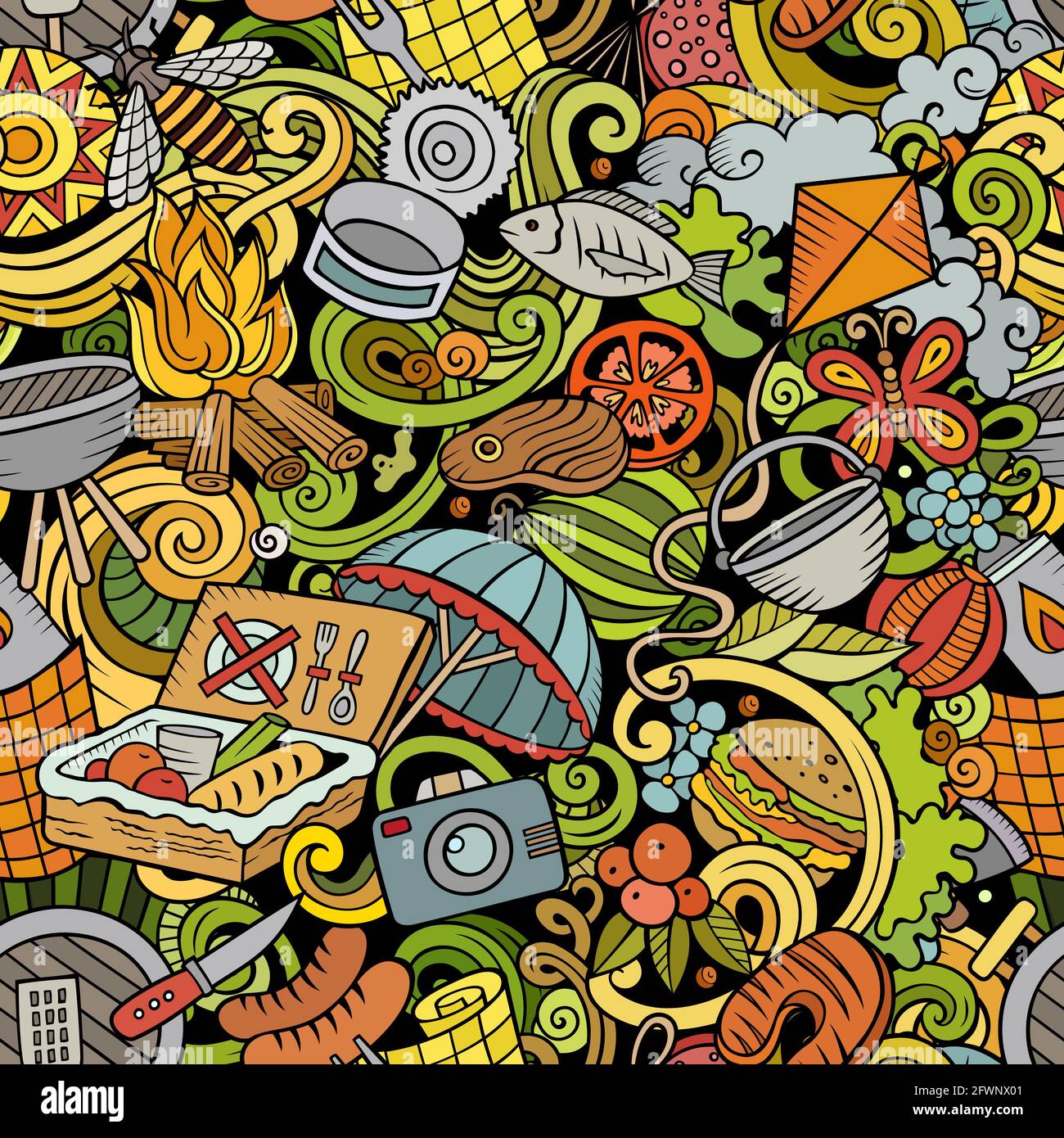 Picnic hand drawn doodles seamless pattern. BBQ background. Stock Vector