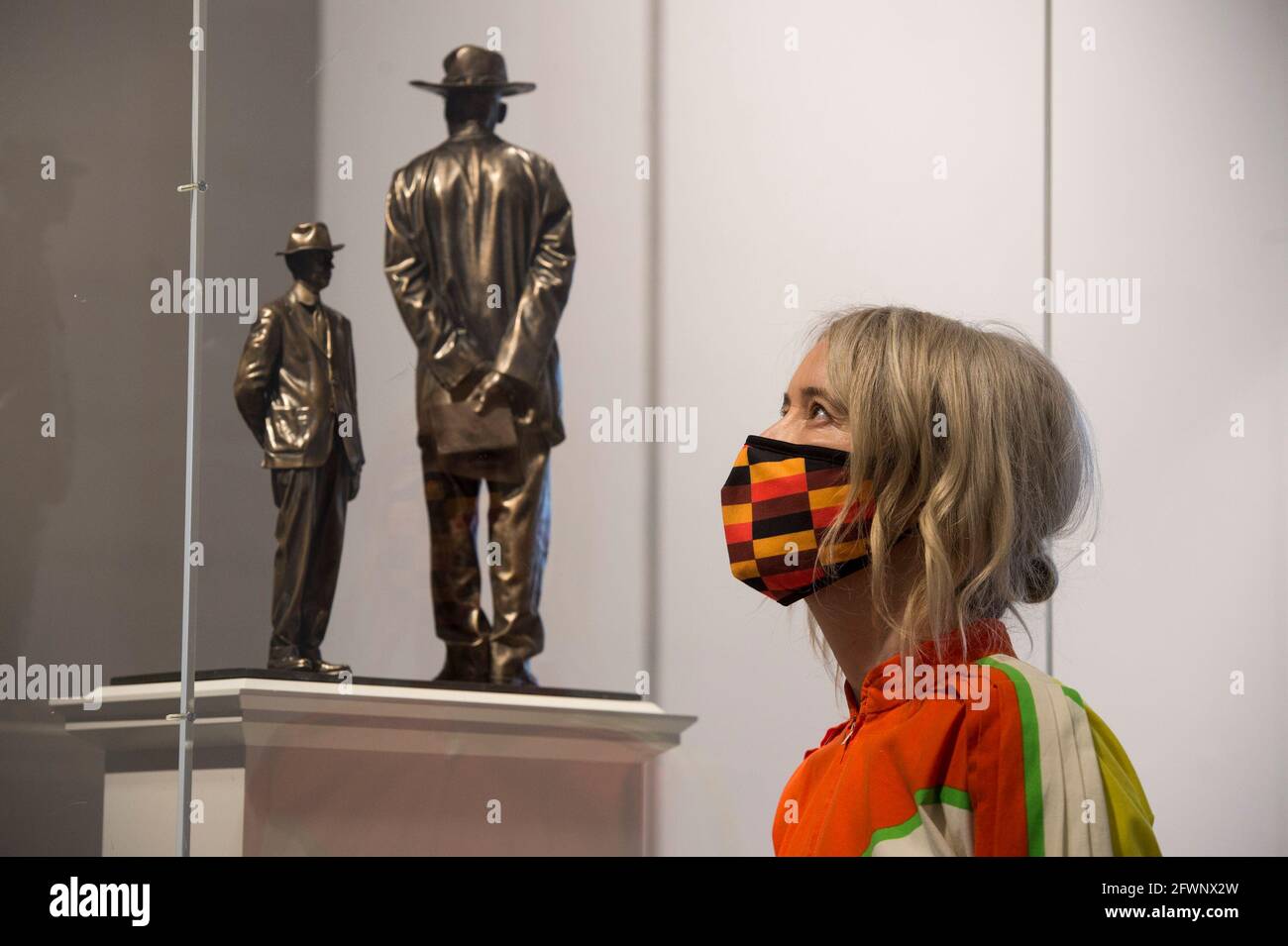Deputy Mayor Justine Simons looks at Antelope by Samson Kambalu, at the National Gallery, in London, one of the six artworks prorposed as the next design for the Fourth Plinth at Trafalgar Square. Picture date: Monday May 24, 2021. Stock Photo