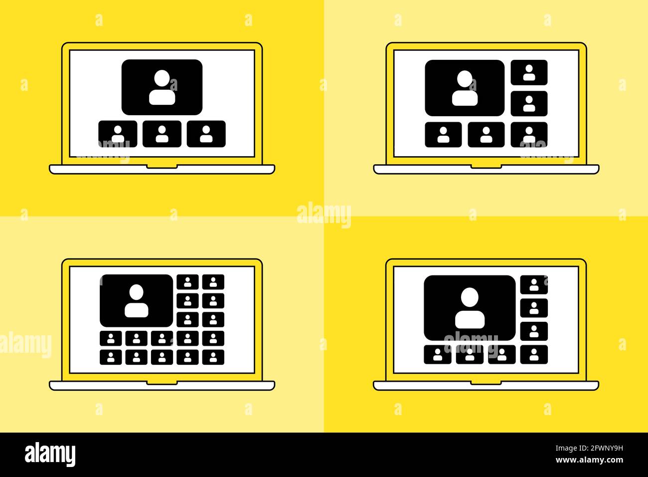 Set icons. Online video call on laptop. Four device, more users Stock Vector