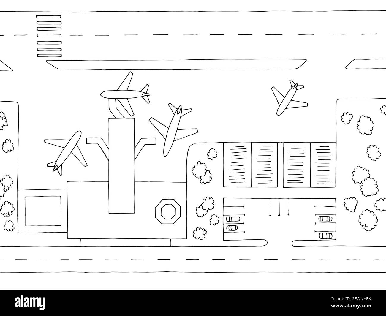 Airport top aerial view graphic black white plan sketch illustration vector Stock Vector