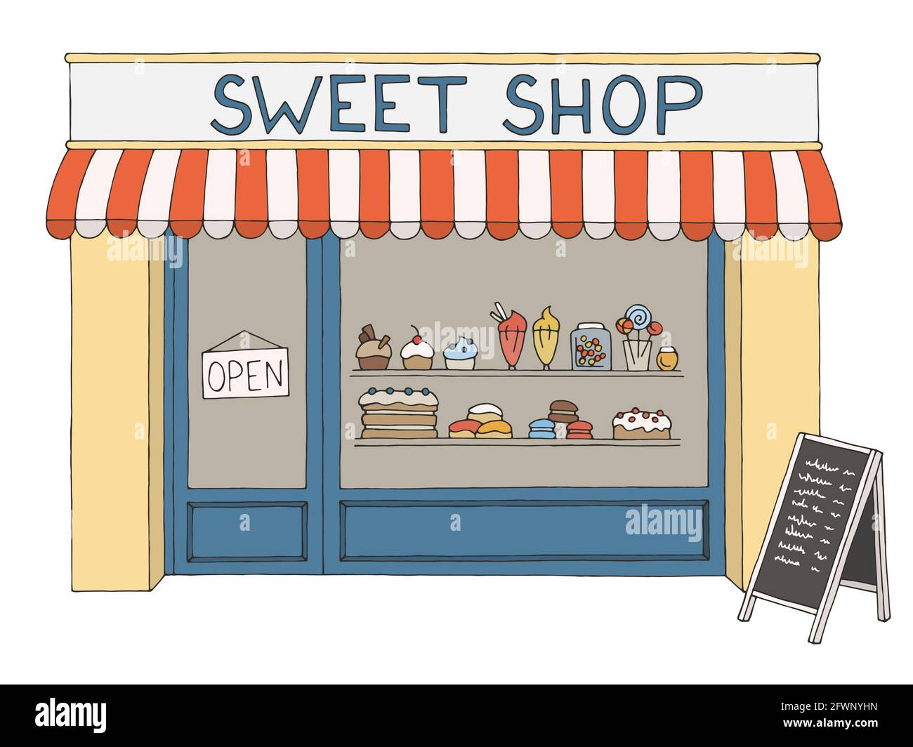 Sweet shop exterior confectionery store graphic color sketch ...