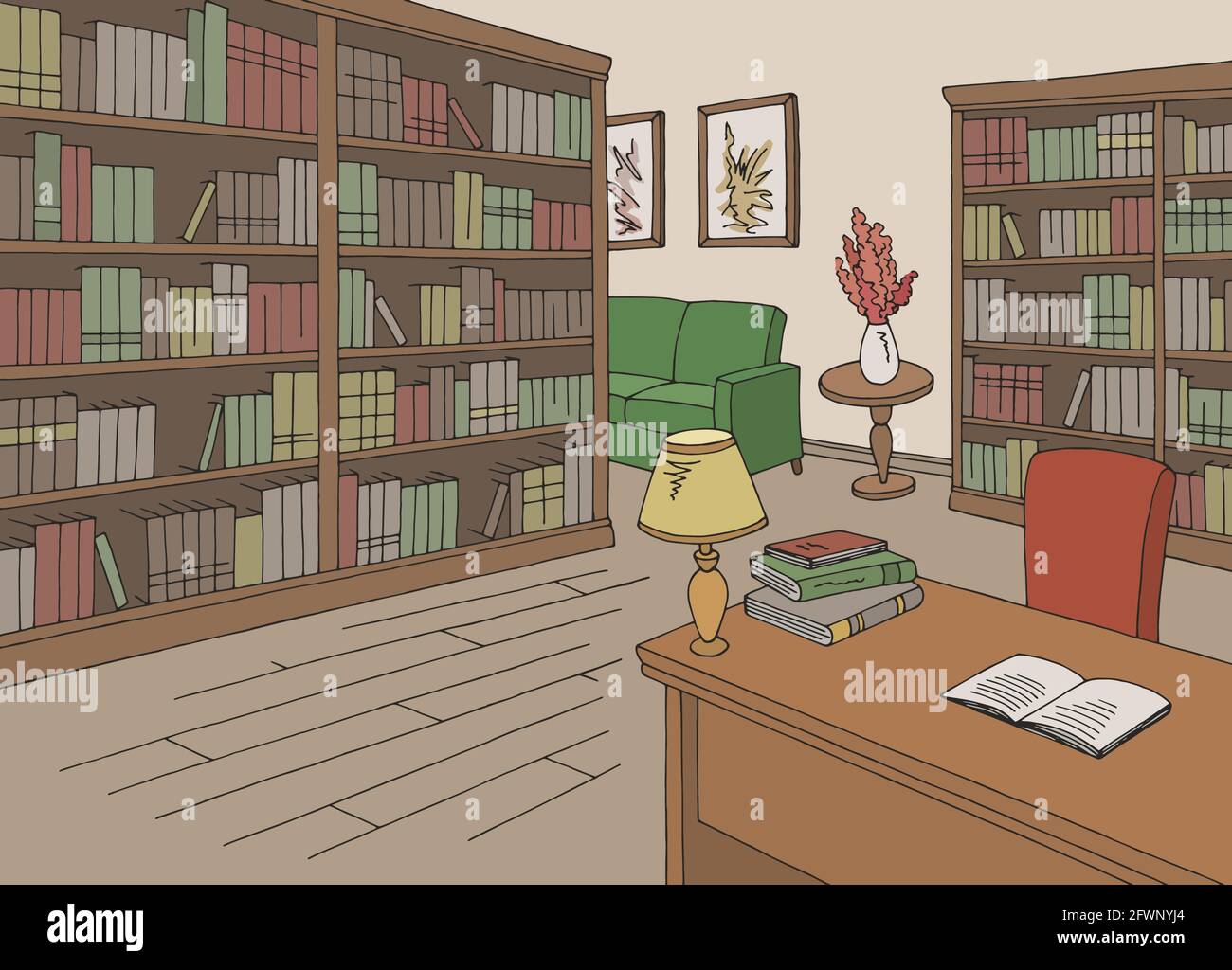 Library interior graphic color sketch illustration vector Stock Vector