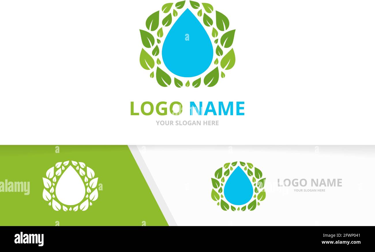 Waterdrop and leaves logo combination. Green spa logotype design template. Stock Vector