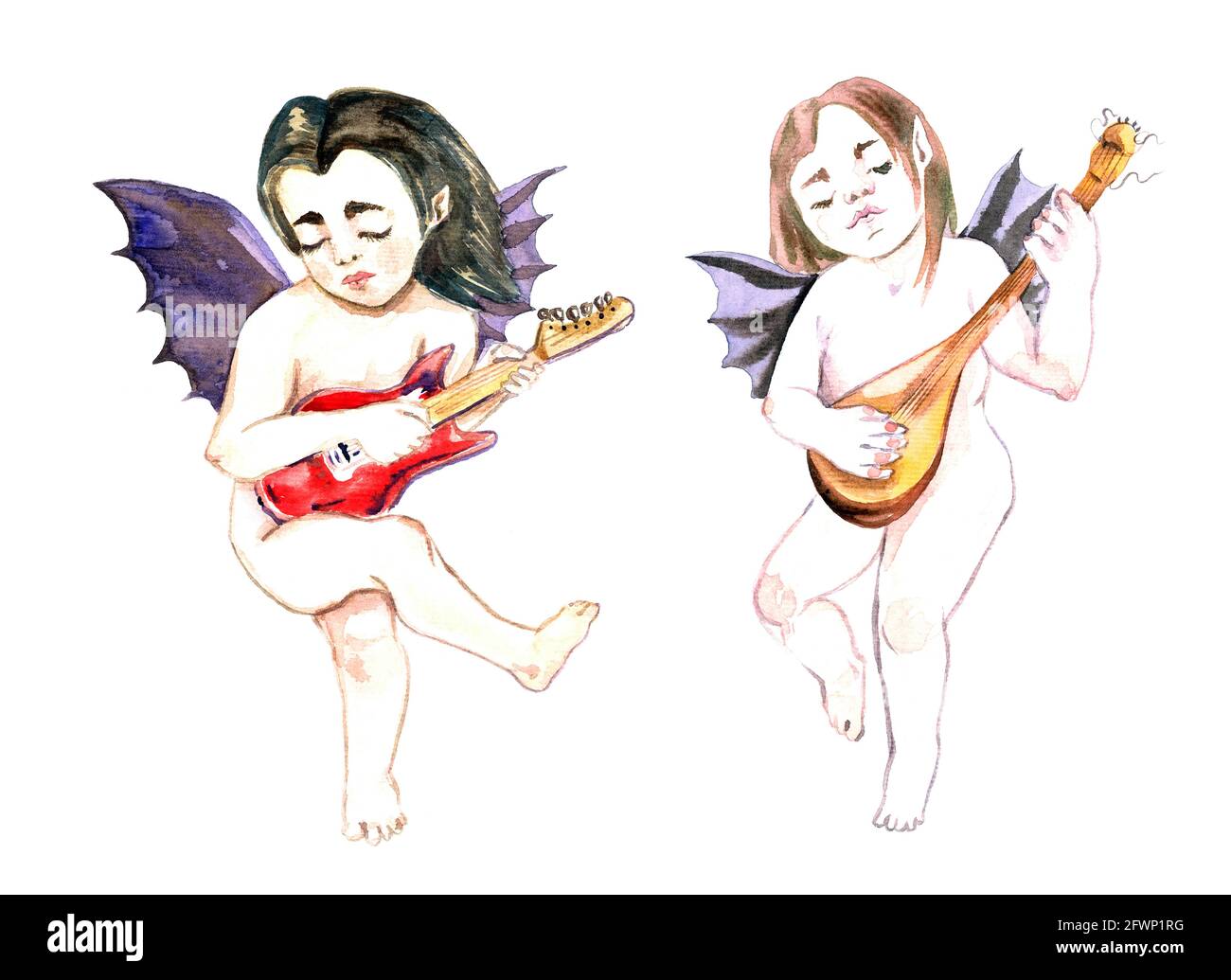 Devil angel with red electric guitar  and other playing on mandolin,  isolated on white hand painted watercolor illustration Stock Photo