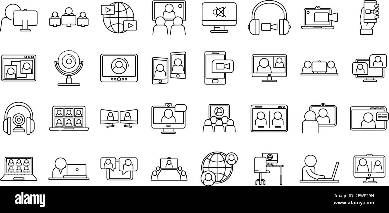 Live online meeting icons set, outline style Stock Vector