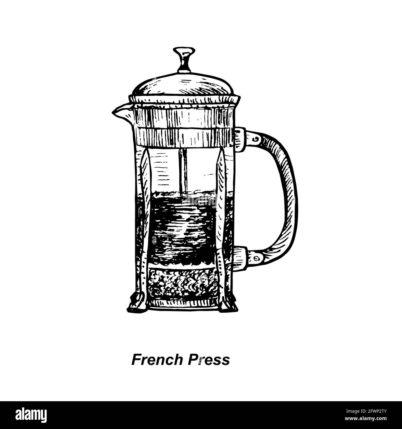 French Press, gravure style ink drawing illustration with handwritten
