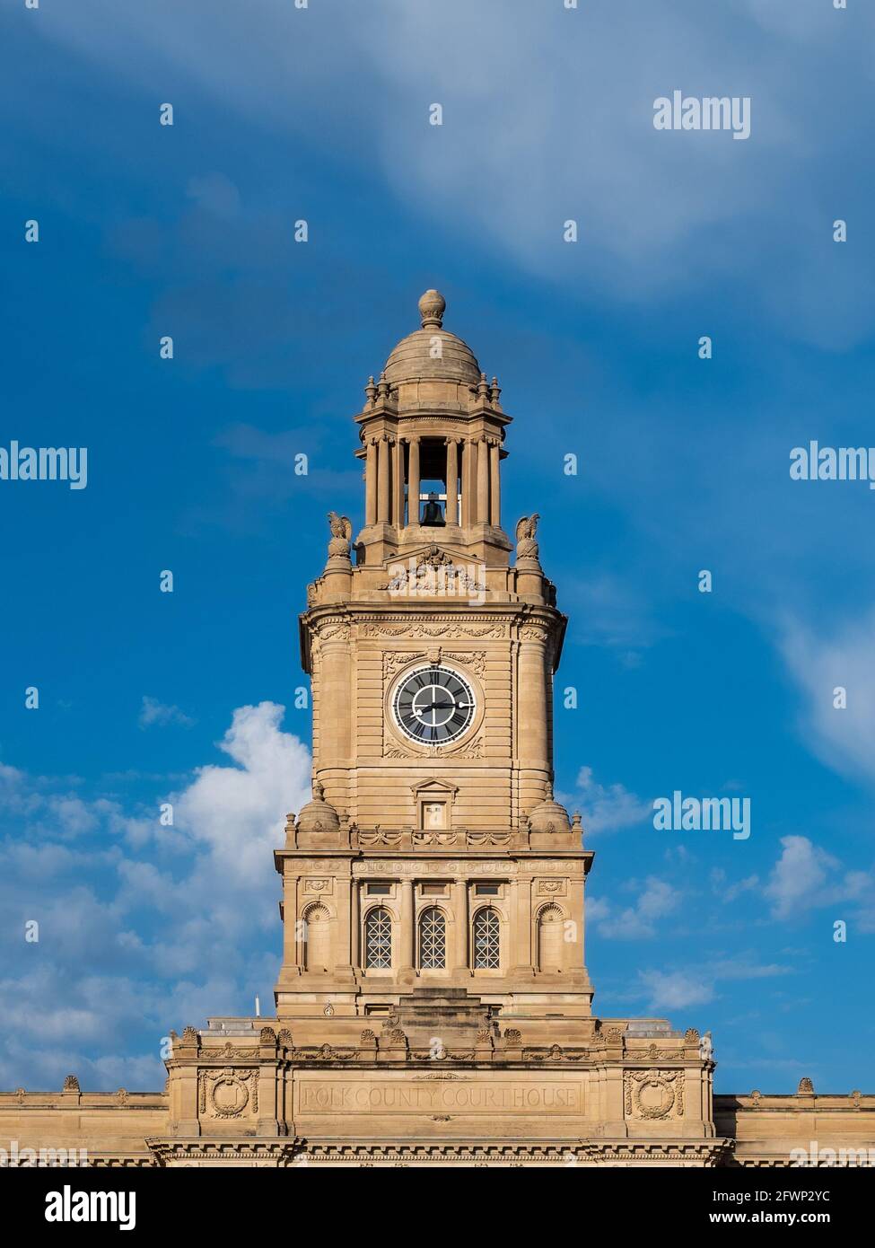 Clock Tower of Polk County Courthouse in Des Moines, Iowa Stock Photo