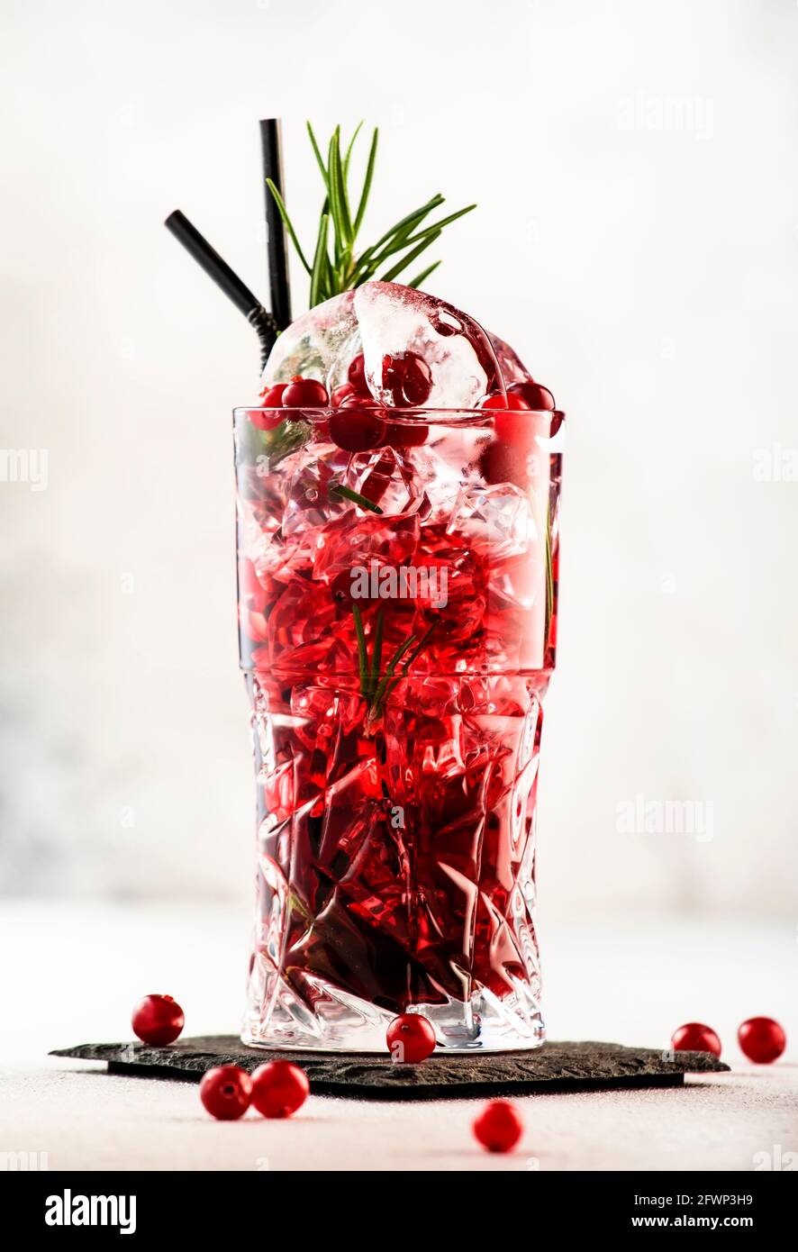 Cranberry, vodka, gin alcoholic cocktail with ice, rosemary and berries