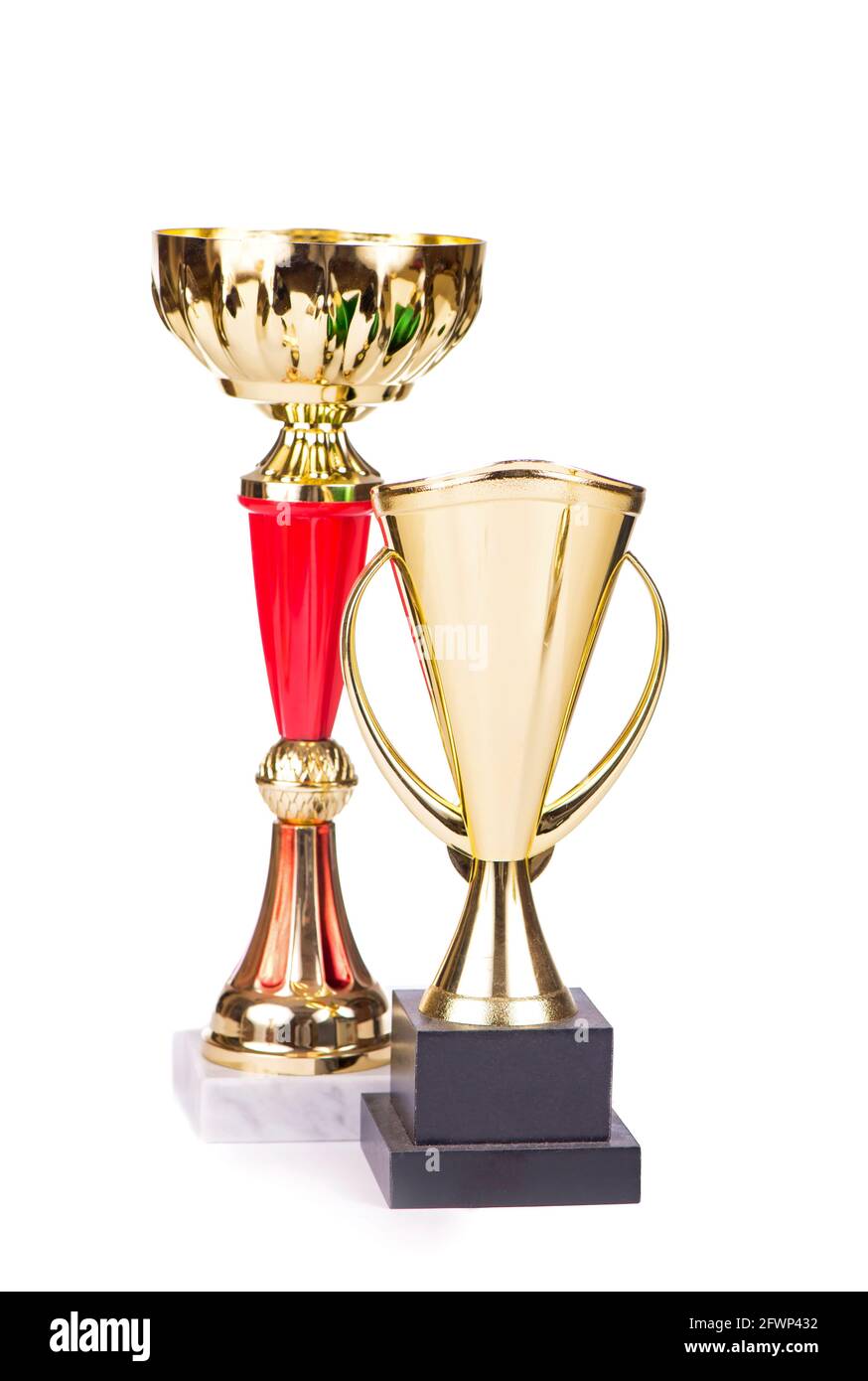 Trophies, cups isolated on white. The trophy is a tangible and lasting reminder of a specific achievement, it serves as a recognition, proof of merit Stock Photo