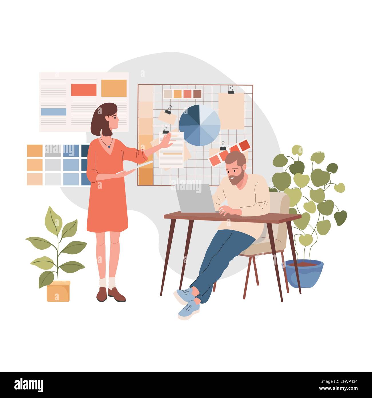 Design studio interior vector flat illustration. Male and female 