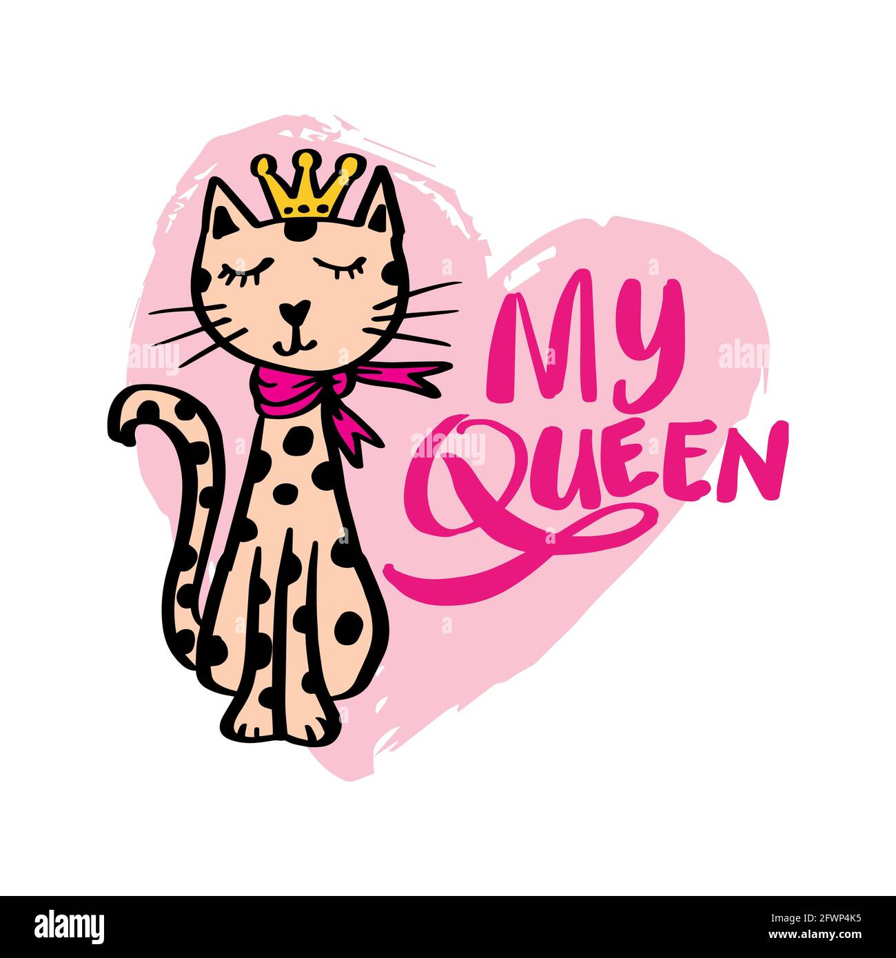 My Queen with hearts hand lettering. Fashion print cat face with crown. Stock Photo