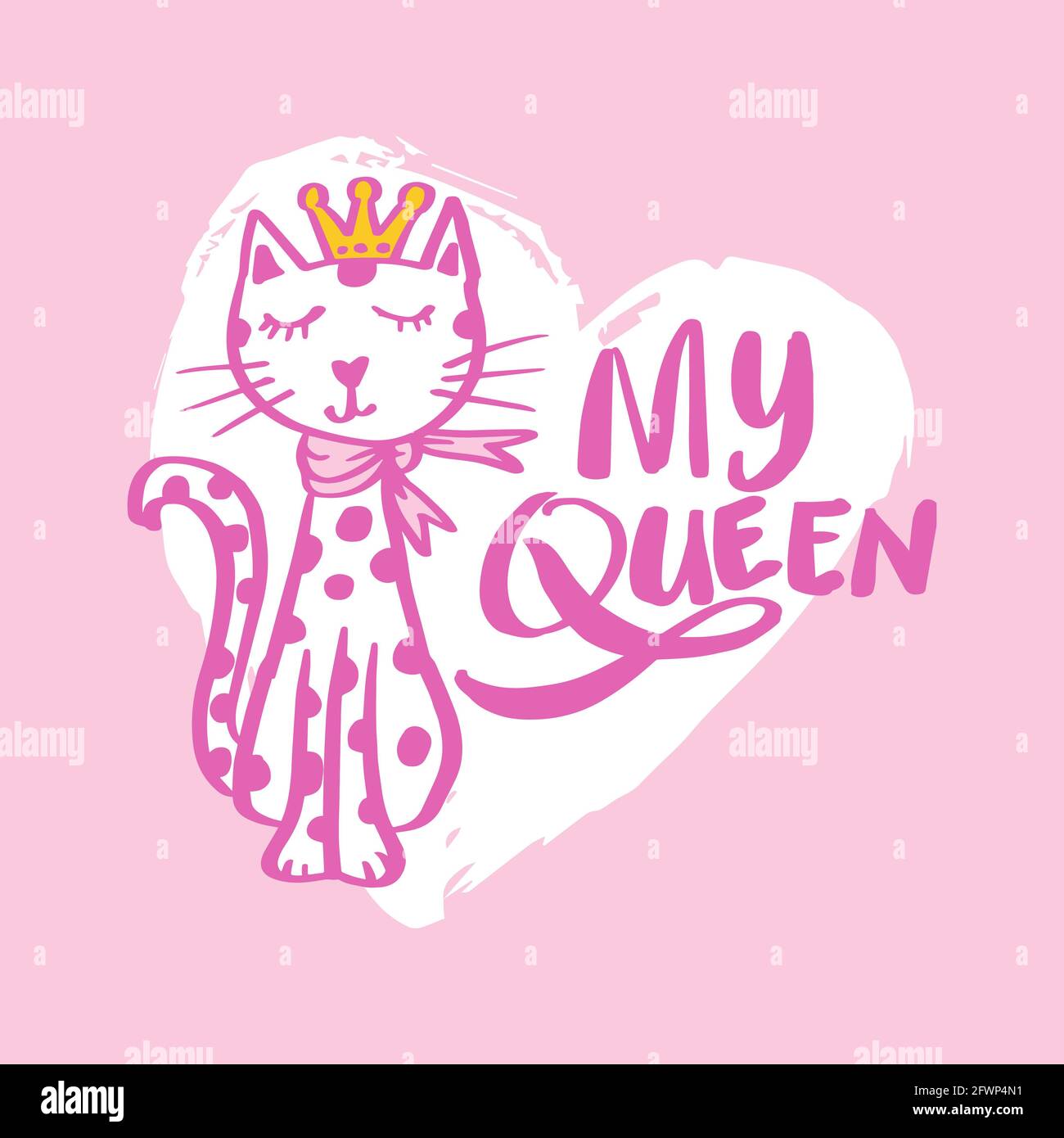 My Queen with hearts hand lettering. Fashion print cat face with crown. Stock Photo