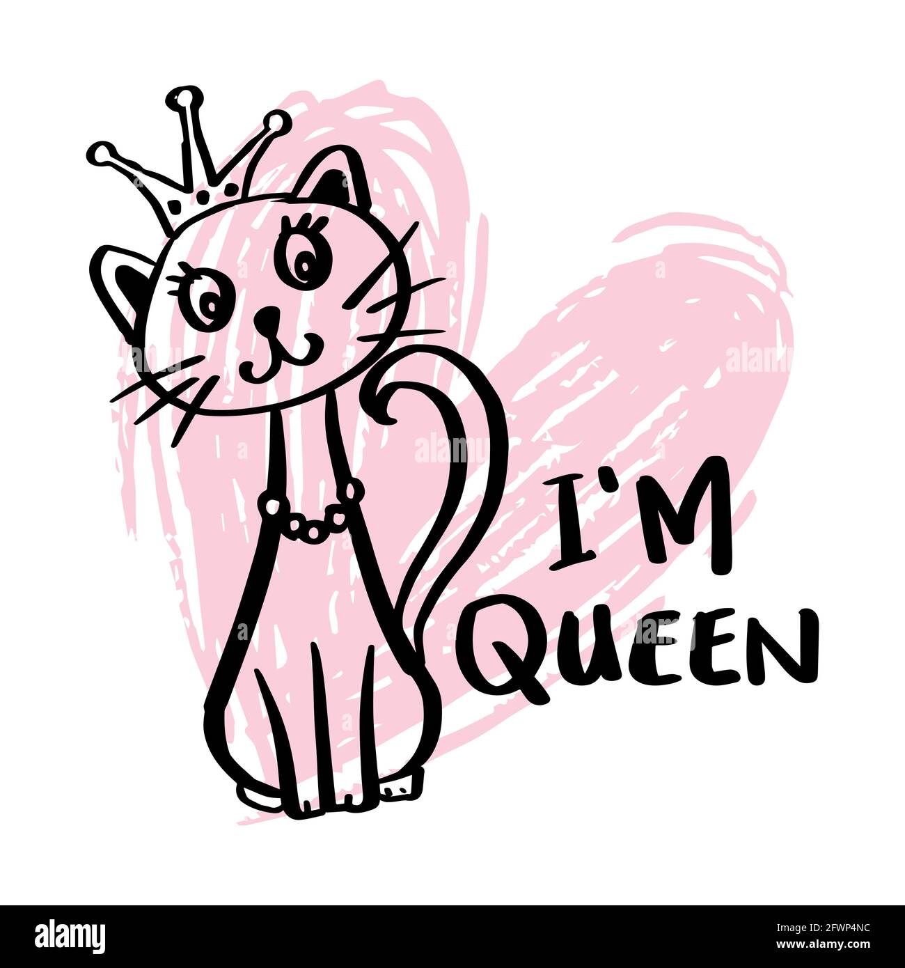 I'm Queen hand lettering. Fashion print cute cat  with crown. Stock Photo