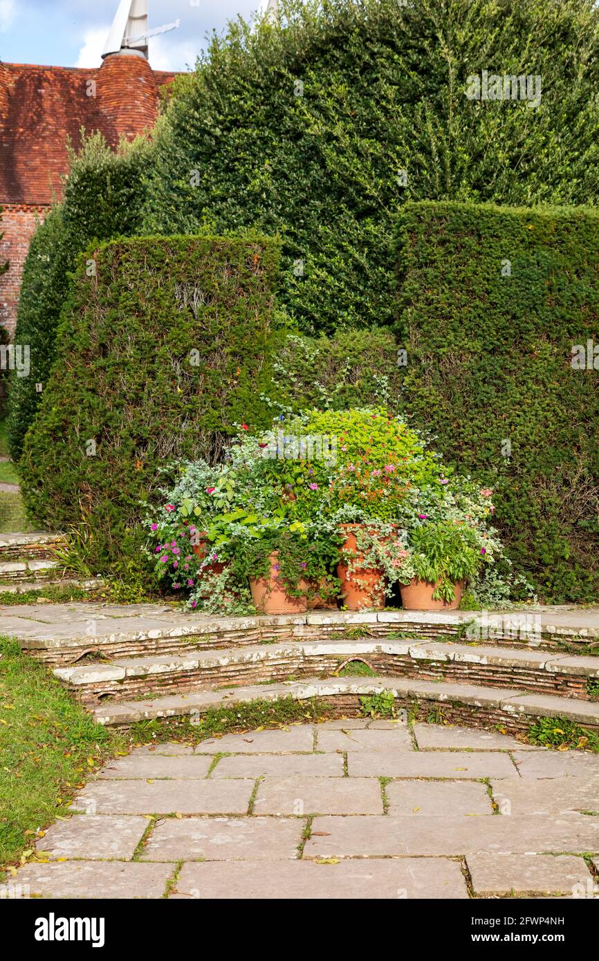 view of steps and yew hedging with oast house in the background, at great Dixter Gardens, Northiam, East Sussex, UK Stock Photo