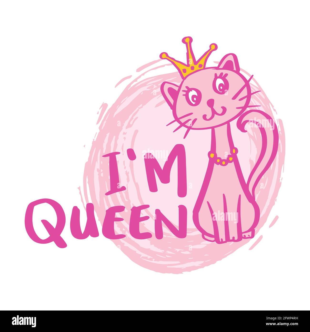 I'm Queen hand lettering. Fashion print cute cat  with crown. Stock Photo