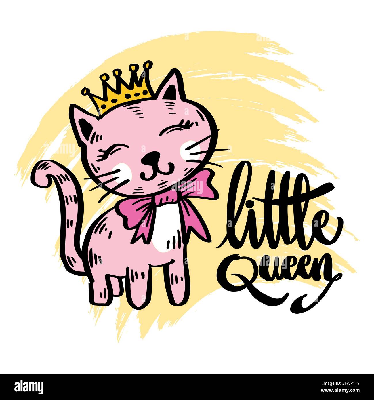 Little Queen hand lettering. Fashion print cute cat  with crown. Stock Photo