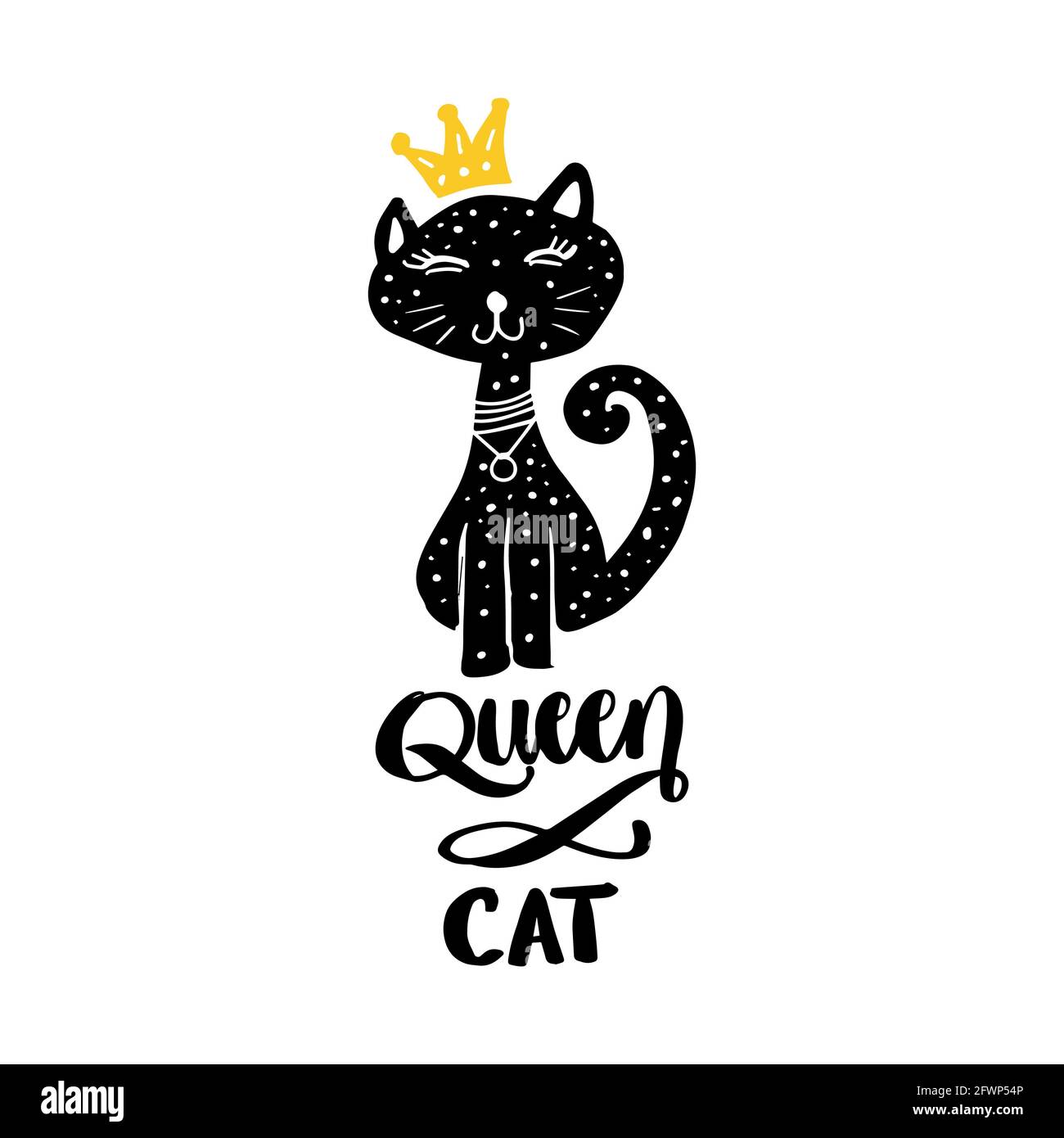 Queen cat  hand lettering. Fashion print black cat with crown. Stock Photo