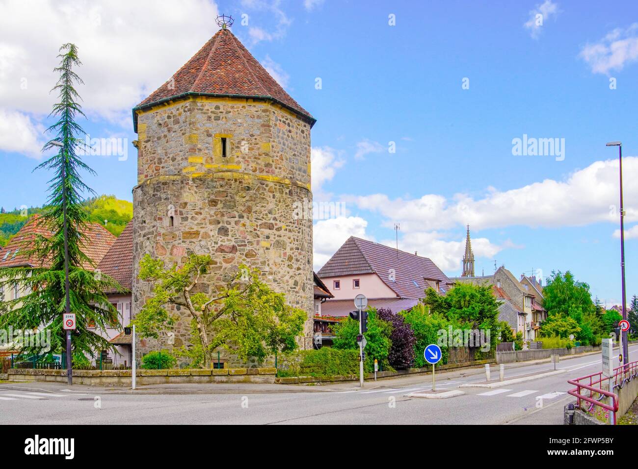 Medieval Watch Tower by Rue des Remparts in Thann, Alsace, Haut Rhin, Thann, France. Stock Photo