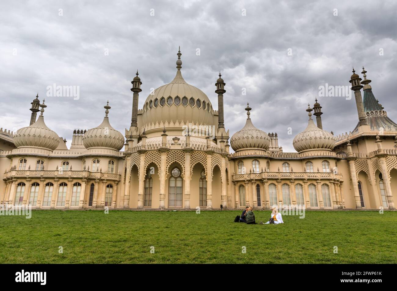 Brighton Royal Pavilion,exterior of historic landmark building with dark storm cloud sky above, Brighton, East Sussex, England, UK Stock Photo