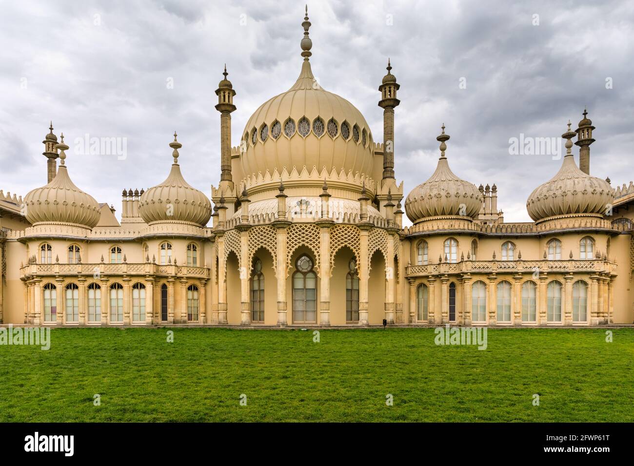 Brighton Royal Pavilion,exterior of historic landmark building with dark storm cloud sky above, Brighton, East Sussex, England, UK Stock Photo