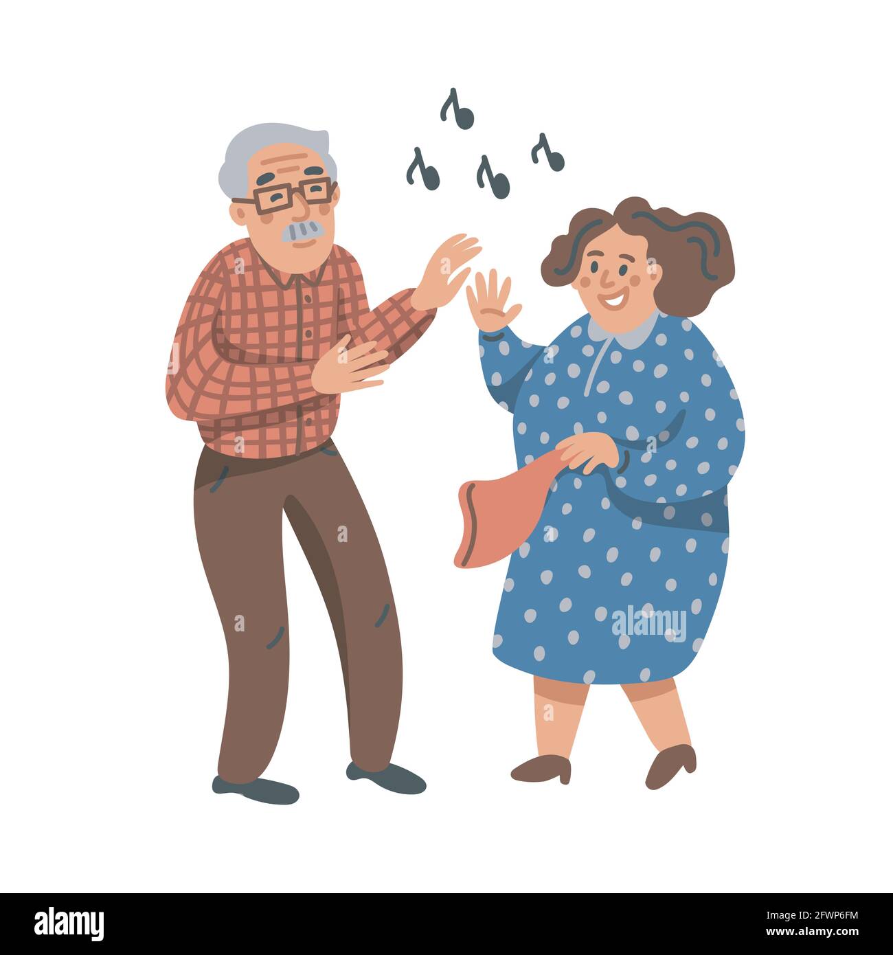 Elderly dancing couple. Old man and woman have fun on a party. Nursing home. Senior people flat Vector illustration. Stock Vector
