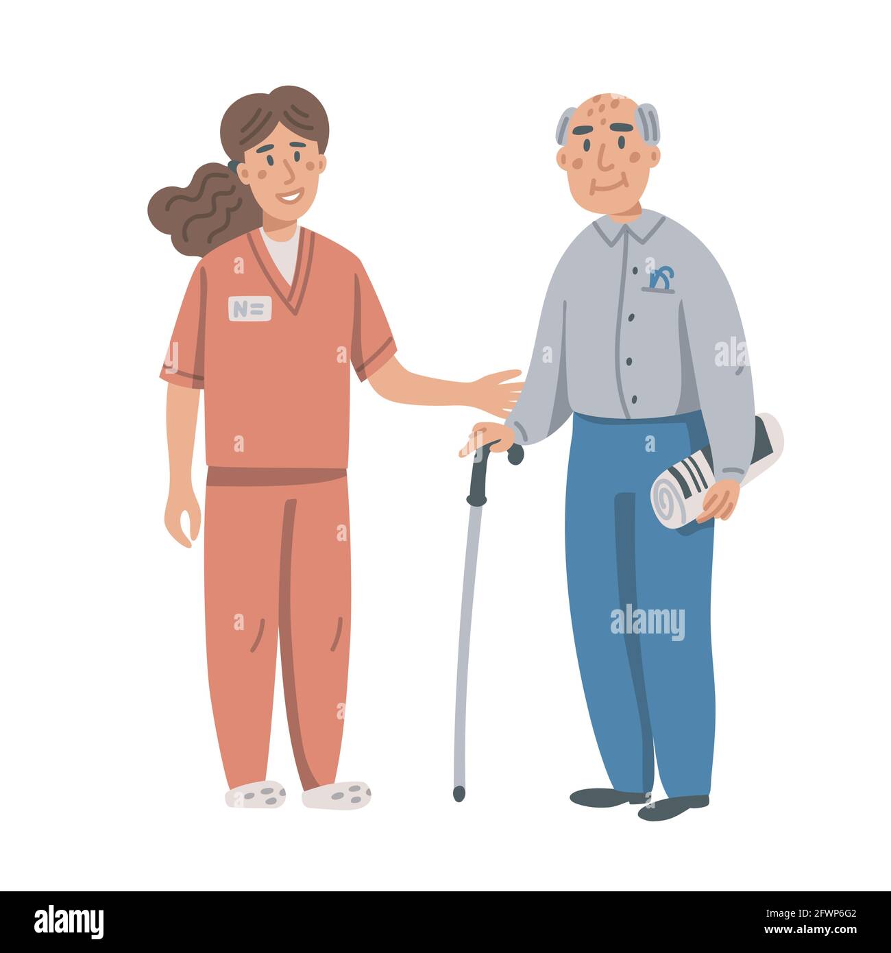 Young nurse helping and supporting elderly man. Yound woman and old man on white background. Nursing home. Senior people healthcare assistance flat Stock Vector